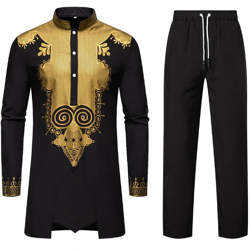 Men's Traditional Tunic Set with Mandarin Collar and Gold-Embellished Ornaments Chichicherry