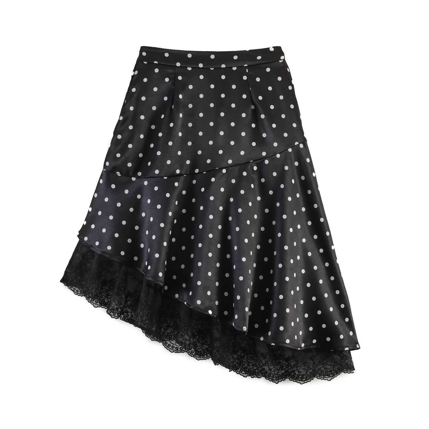 Women's Asymmetric Tiered Skirt with Ruffles, Dots, and Lace Trim Chichicherry