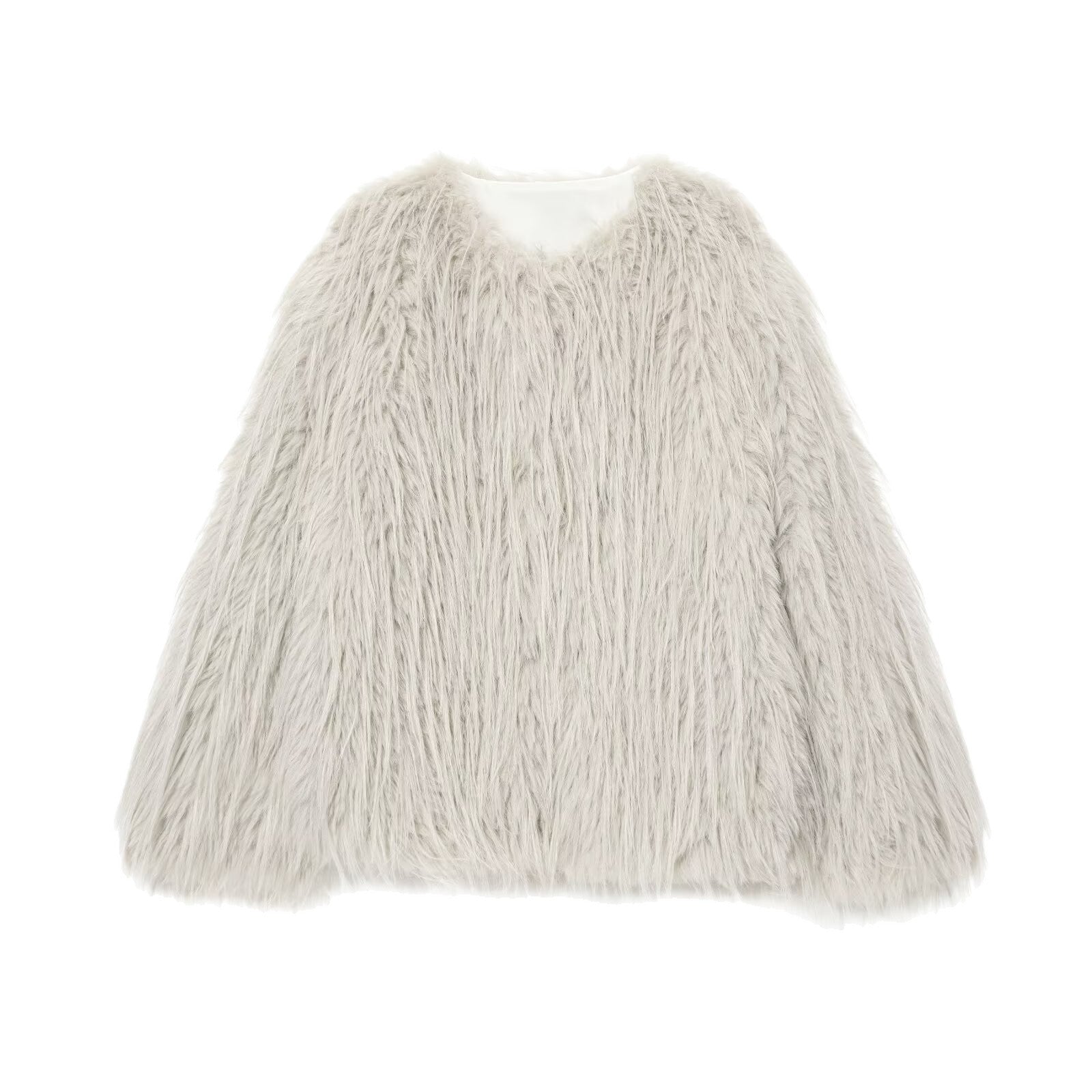 Women's Faux Fur Coat with Long Shaggy Fur and Round Neckline Chichicherry