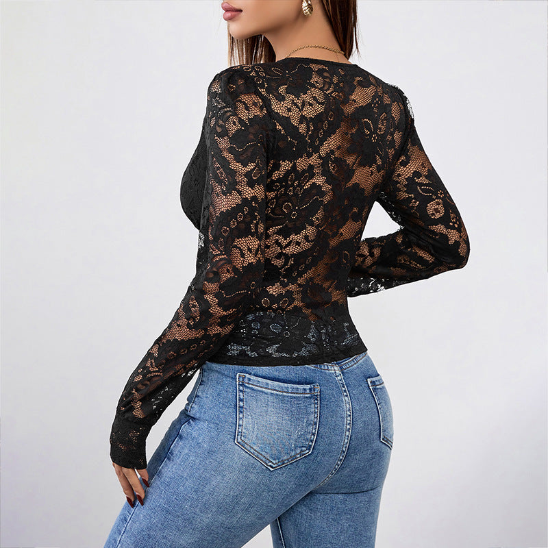 Women's Fitted Lace Top with Gathering and Deep V-Neck Chichicherry