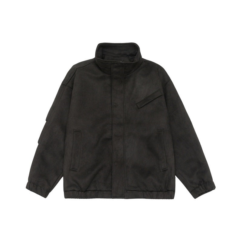 Unisex Short-Cut Stand-Up Collar Fleece Jacket with Concealed Snap Button Placket Chichicherry
