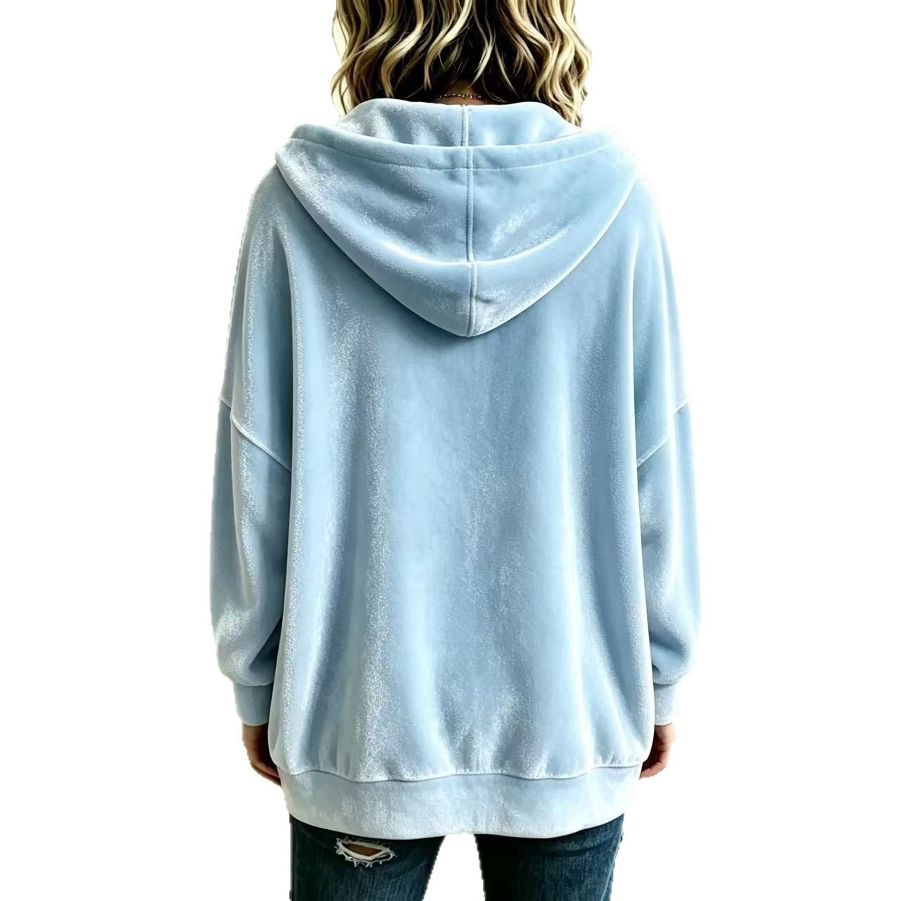 Women's Oversized Hooded Velvet Jacket with Button Placket and Patch Pockets Chichicherry