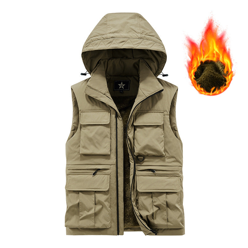Men's Insulated Utility Vest with Hood, Teddy Lining and Multi-Functional Pockets Chichicherry