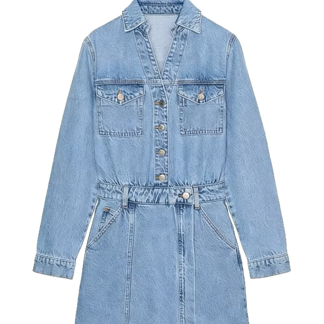 Women's Tailored Jeans Mini Dress with Shirt Collar, Patch Chest Pockets and Decorative Button Placket Chichicherry