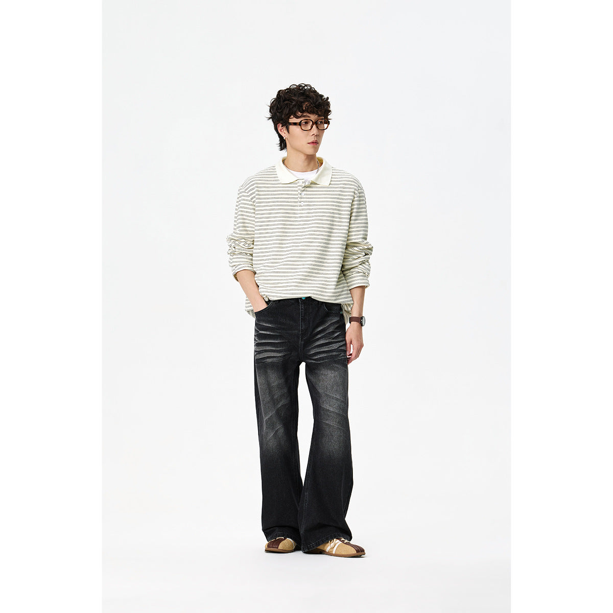 Men's long-sleeve polo shirt made of fine cotton knit with a kent collar and fine stripe texture Chichicherry