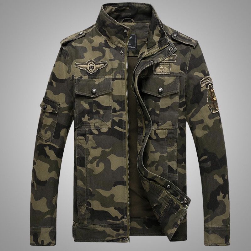 Men's Camo Utility Bomber Jacket with Stand-Up Collar, Multiple Pockets and Ribbed Cuffs Chichicherry