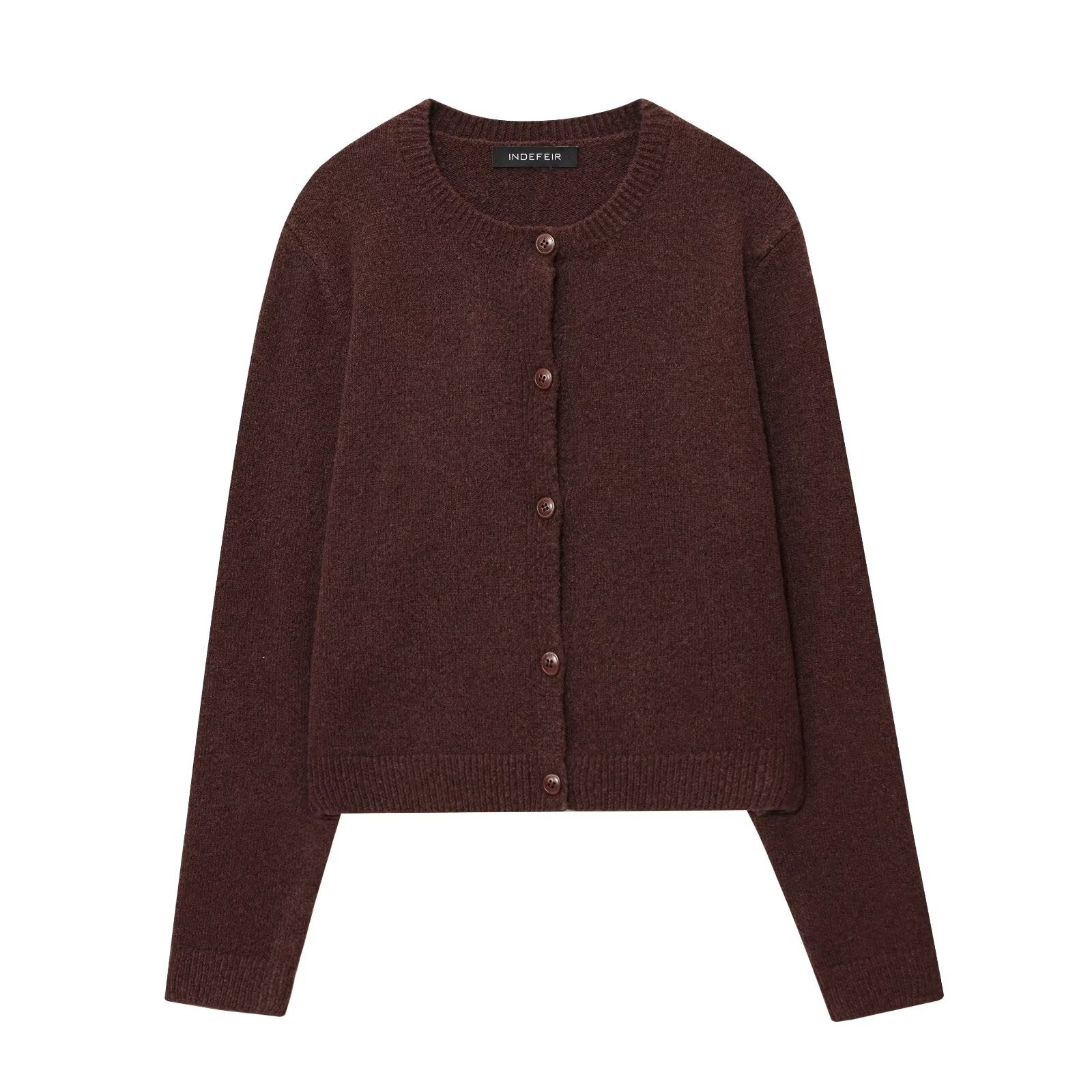 Ladies Round Neck Cardigan with Button Placket and Fine Ribbed Border Chichicherry