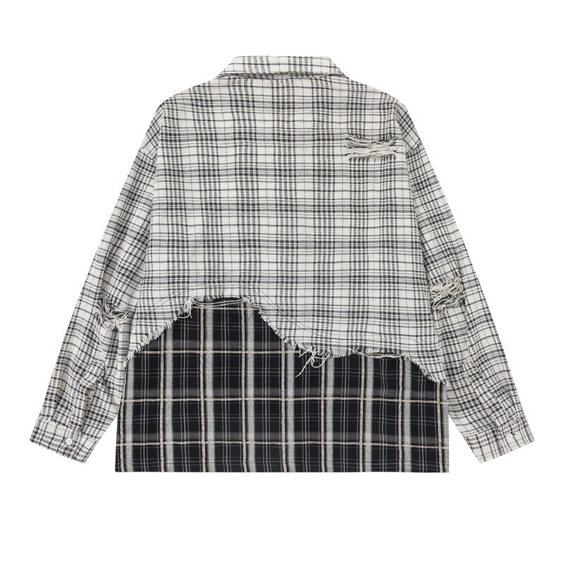 Unisex Oversized Shirt Jacket with Layered Look, Frayed Hem and Check Mix Chichicherry