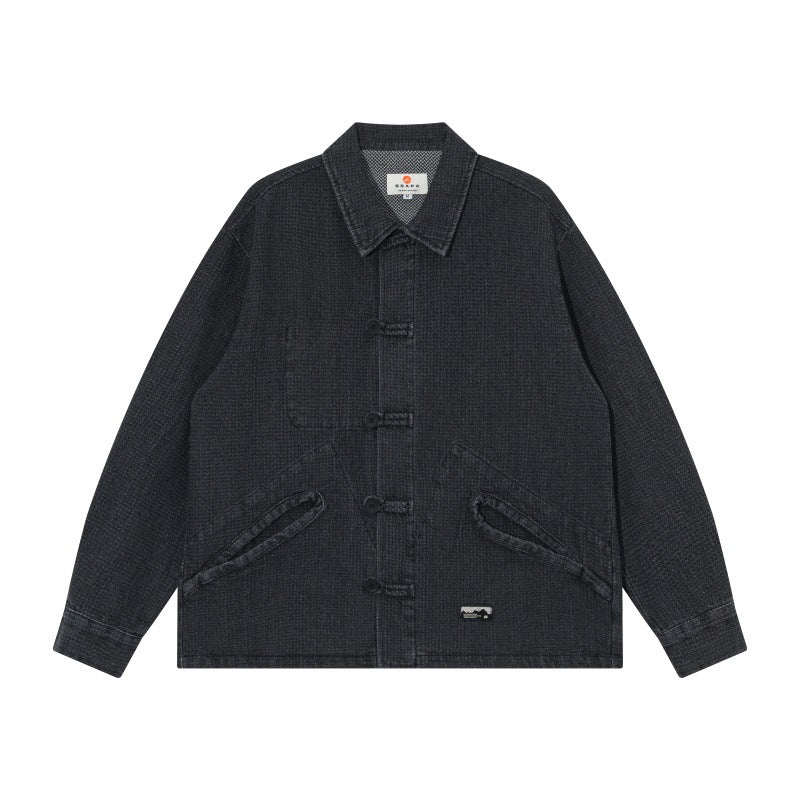 Men's short-cut denim chore jacket in boxy blouson style with Chinese toggle button placket Chichicherry