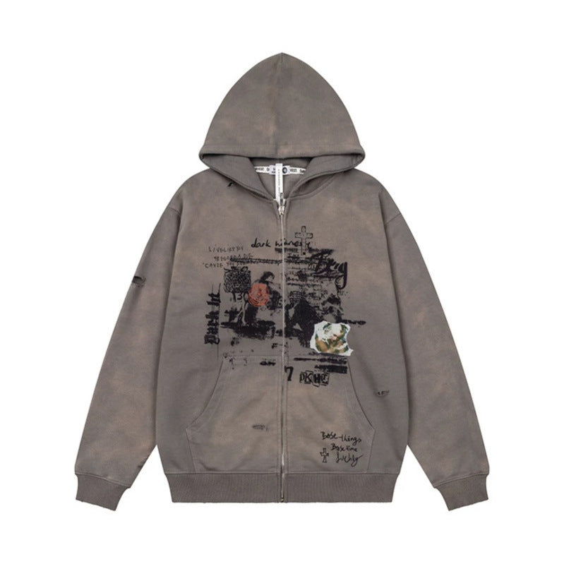 Unisex Oversize Hoodie with Zipper, Used Effect, Vintage Print and Kangaroo Pockets Chichicherry