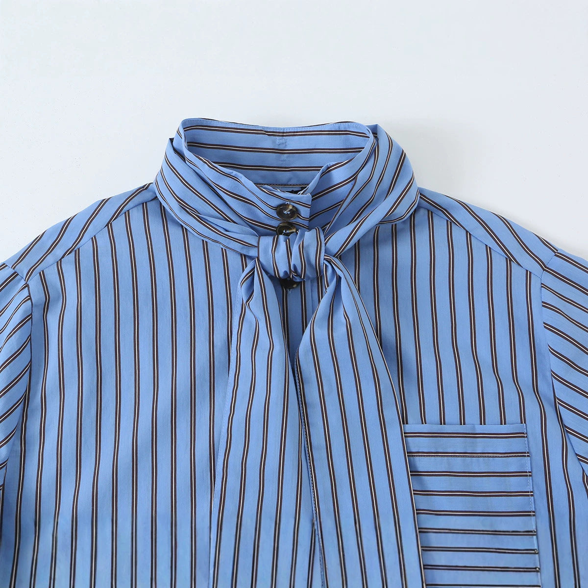 Women Striped Bow Blouse with Chest Pocket and Continuous Button Placket Chichicherry