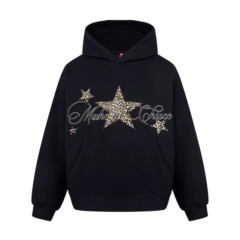 Women's Oversized Hoodie with Kangaroo Pocket and Leo-Star Print Chichicherry