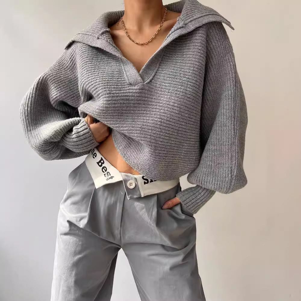 Damen Oversize Rippsweater mit Reverskragen und tiefem V‑Ausschnitt Chichicherry