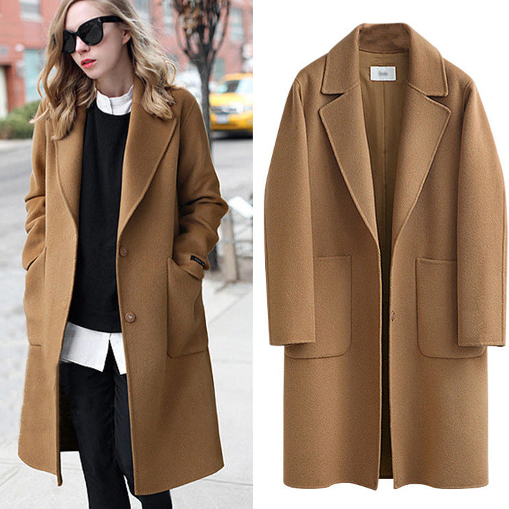 Women Longline Wool Blend Coat with Oversized Lapel and Patch Pockets Chichicherry