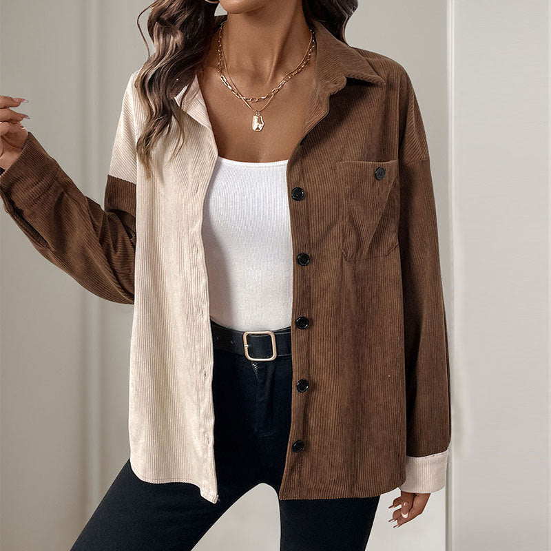 Women's Two-Tone Cord Shirt with Drop Shoulder and Patch Chest Pocket Chichicherry