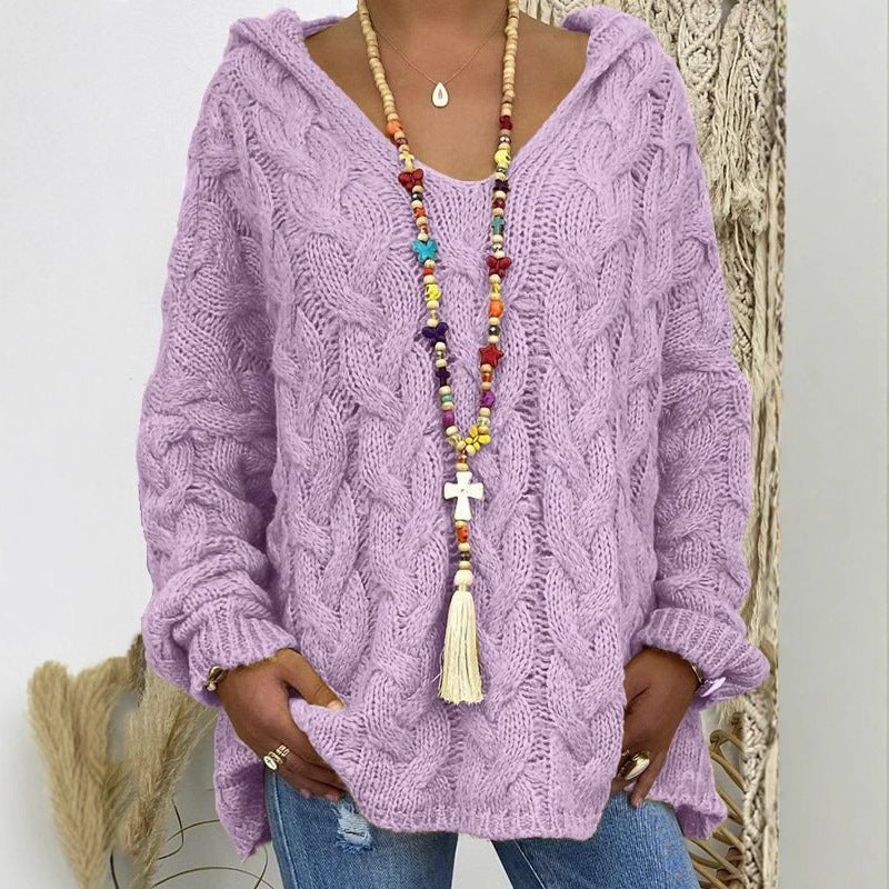 Women Oversized Cable Knit Sweater with Hood and Casual V-Neck Chichicherry
