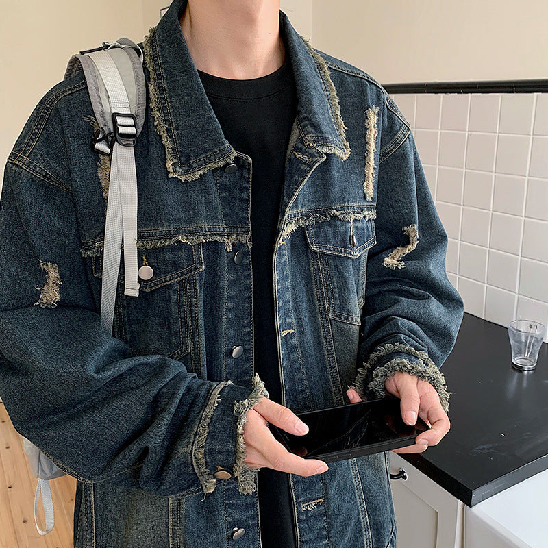 Men's Oversize Denim Jacket with Used Look, Frayed Edges and Snap Buttons Chichicherry