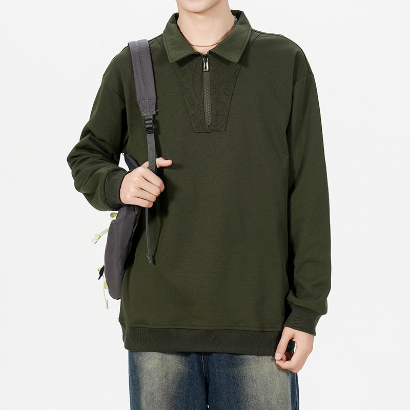 Men's Loose Sweatshirt with Polo Collar, Half Zipper and Paisley Trimming Chichicherry