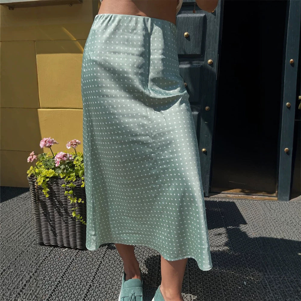 Women's satin midi skirt with polka dot print, tailored fit & flowing bias silhouette Chichicherry