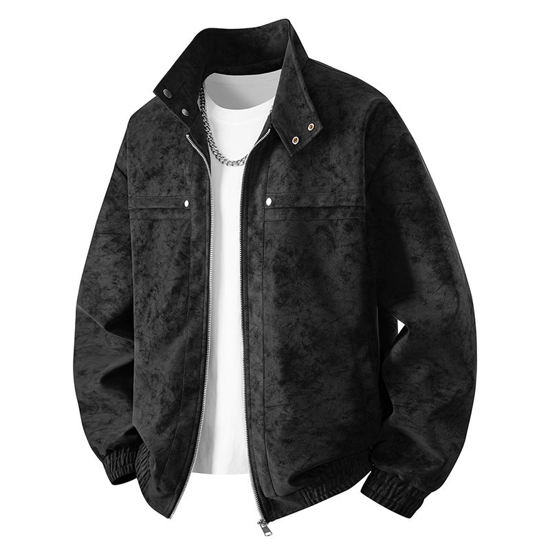 Men's Suede-Look Bomber Jacket with Stand-Up Collar, Zipper and Elastic Hem Chichicherry