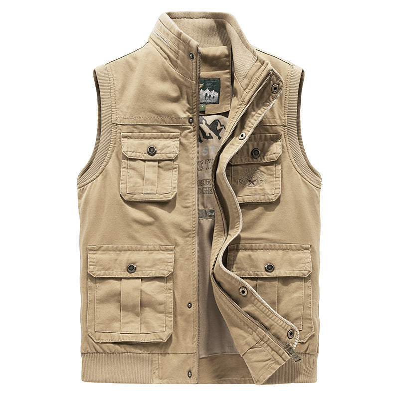Men's Multifunctional Canvas Vest with Multiple Outer Pockets and Stand-up Collar Chichicherry