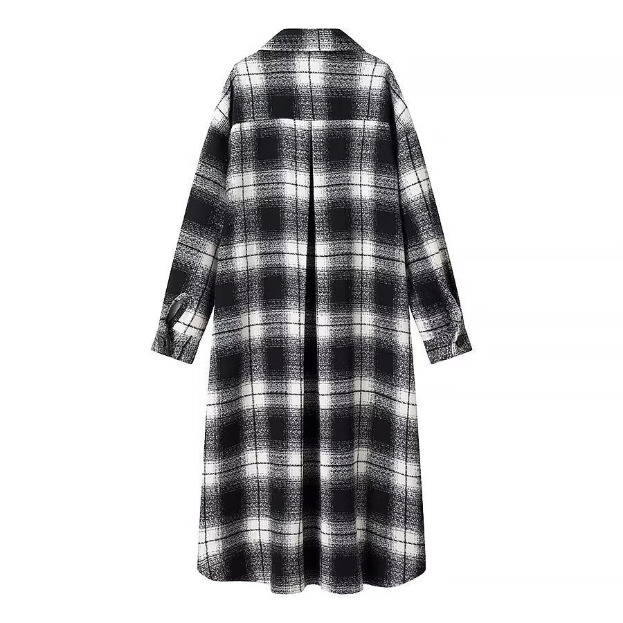 Women's Longline Check Overshirt with Oversized Cut and Flap Pockets Chichicherry