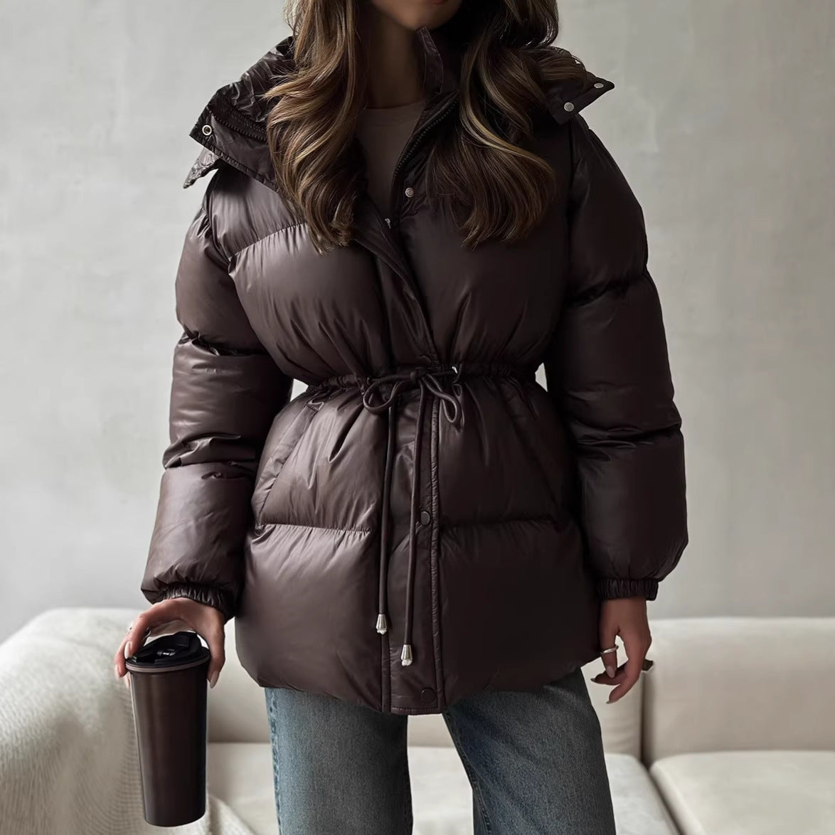 Women’s quilted down jacket with fitted drawstring and hood Chichicherry
