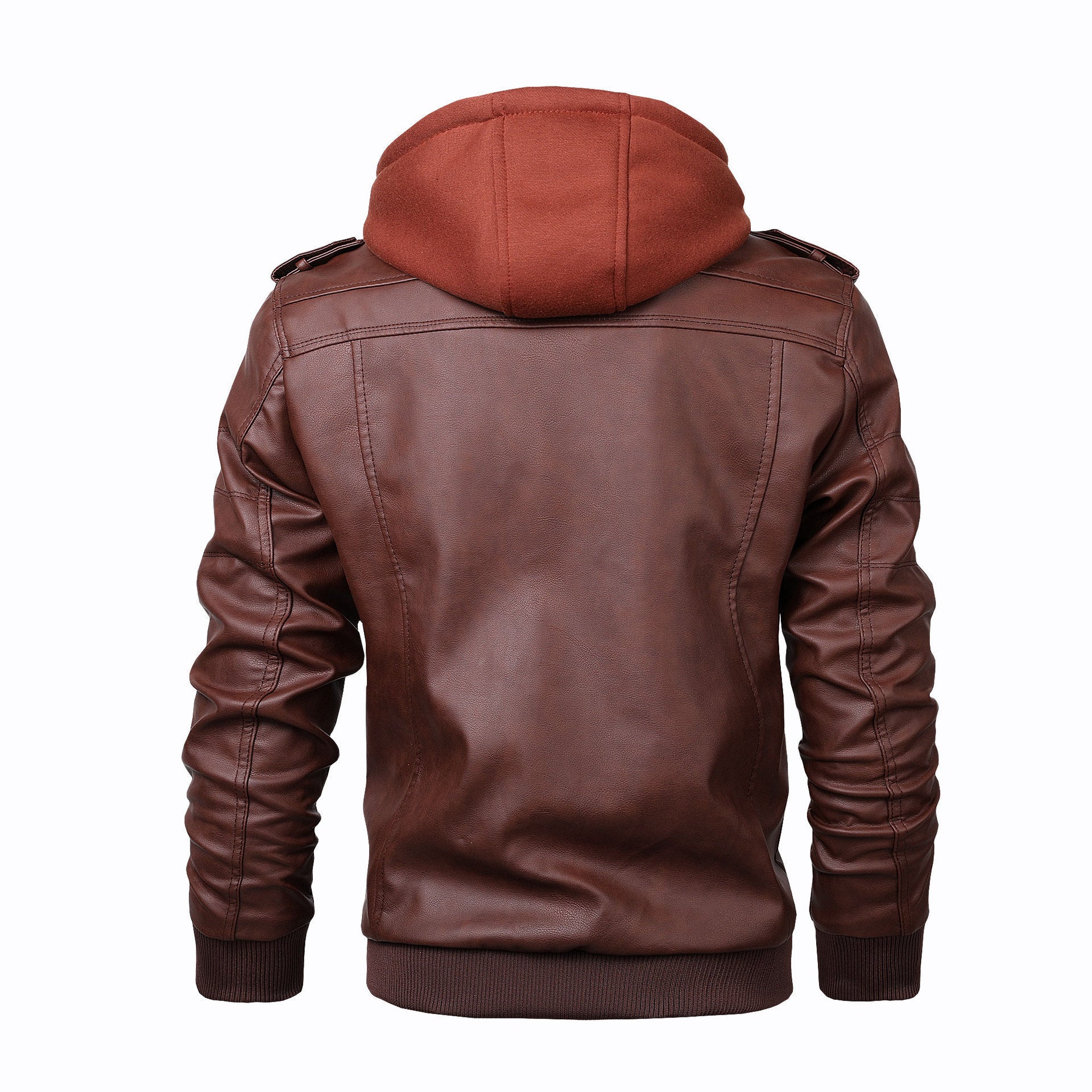 Men's Faux Leather Bomber Jacket with Hood Layer, Shoulder Patches and Utility Pockets Chichicherry