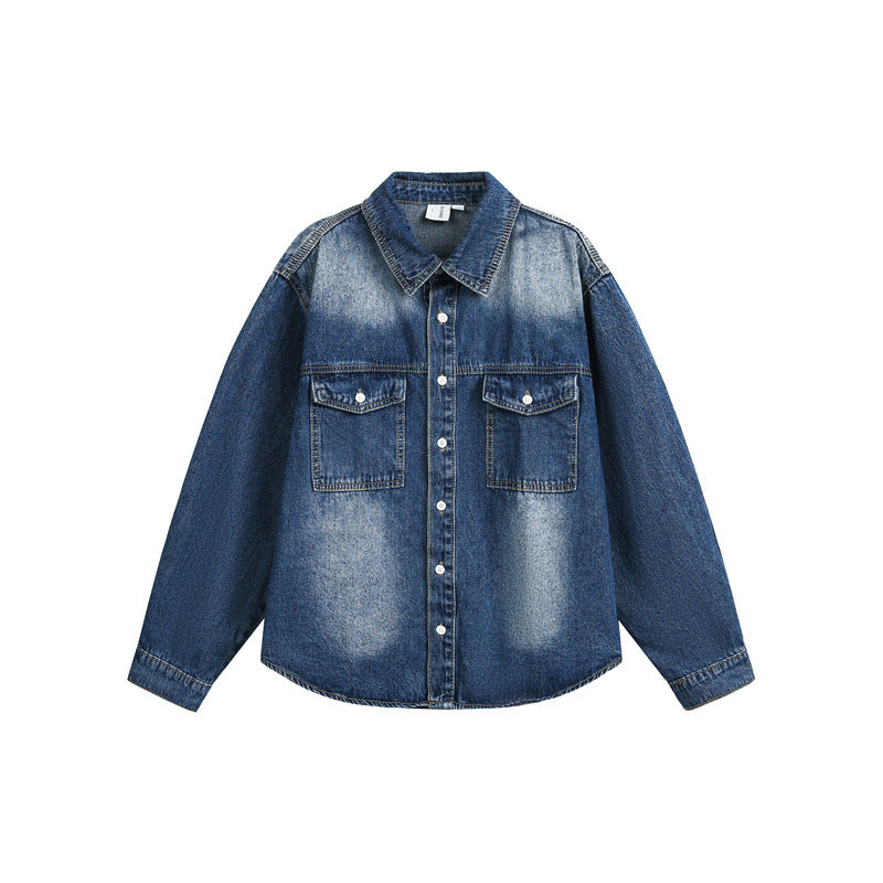 Unisex Oversized Denim Shirt Jacket in Vintage Wash with Patch Chest Pockets Chichicherry
