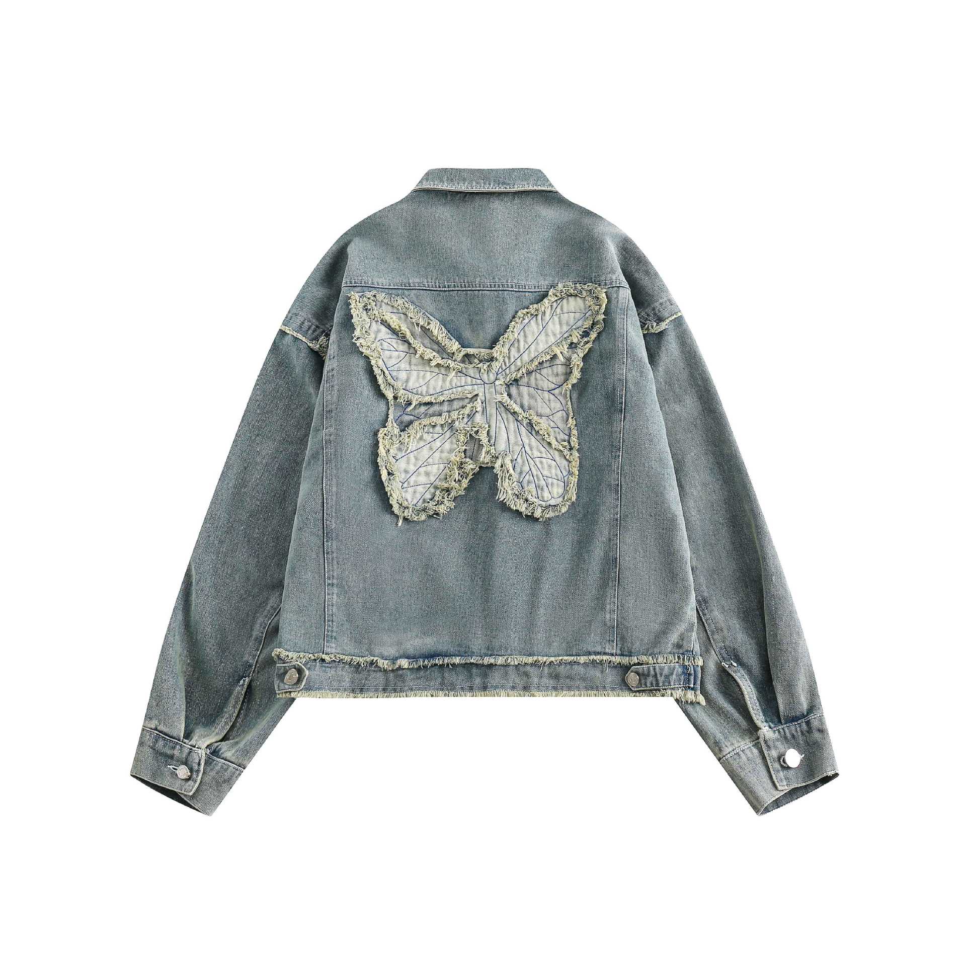 Unisex Oversize Denim Jacket with Fringe Finishes and Utility Pockets Chichicherry