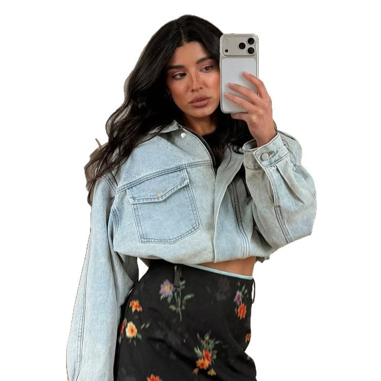 Women's Cropped Denim Jacket with Drawstring, Boxy Oversized Silhouette & Flap Pockets Chichicherry