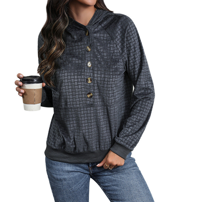 Ladies Textured Hooded Sweater with Button Placket and Pattern Structure Chichicherry