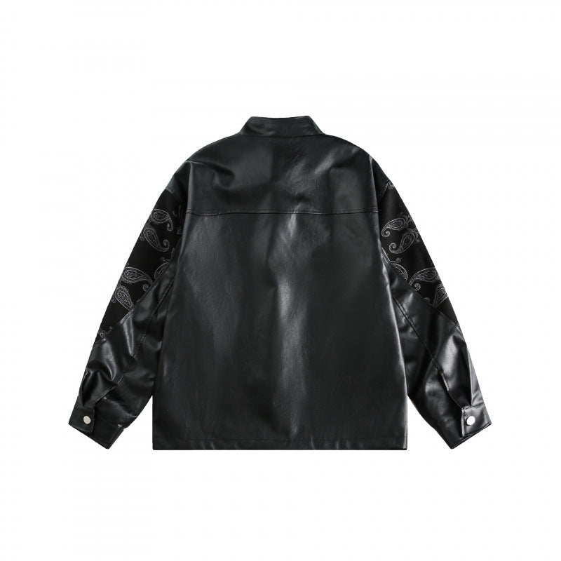Unisex jacket in chinoiserie style with faux leather front, stand-up collar, and paisley sleeves Chichicherry