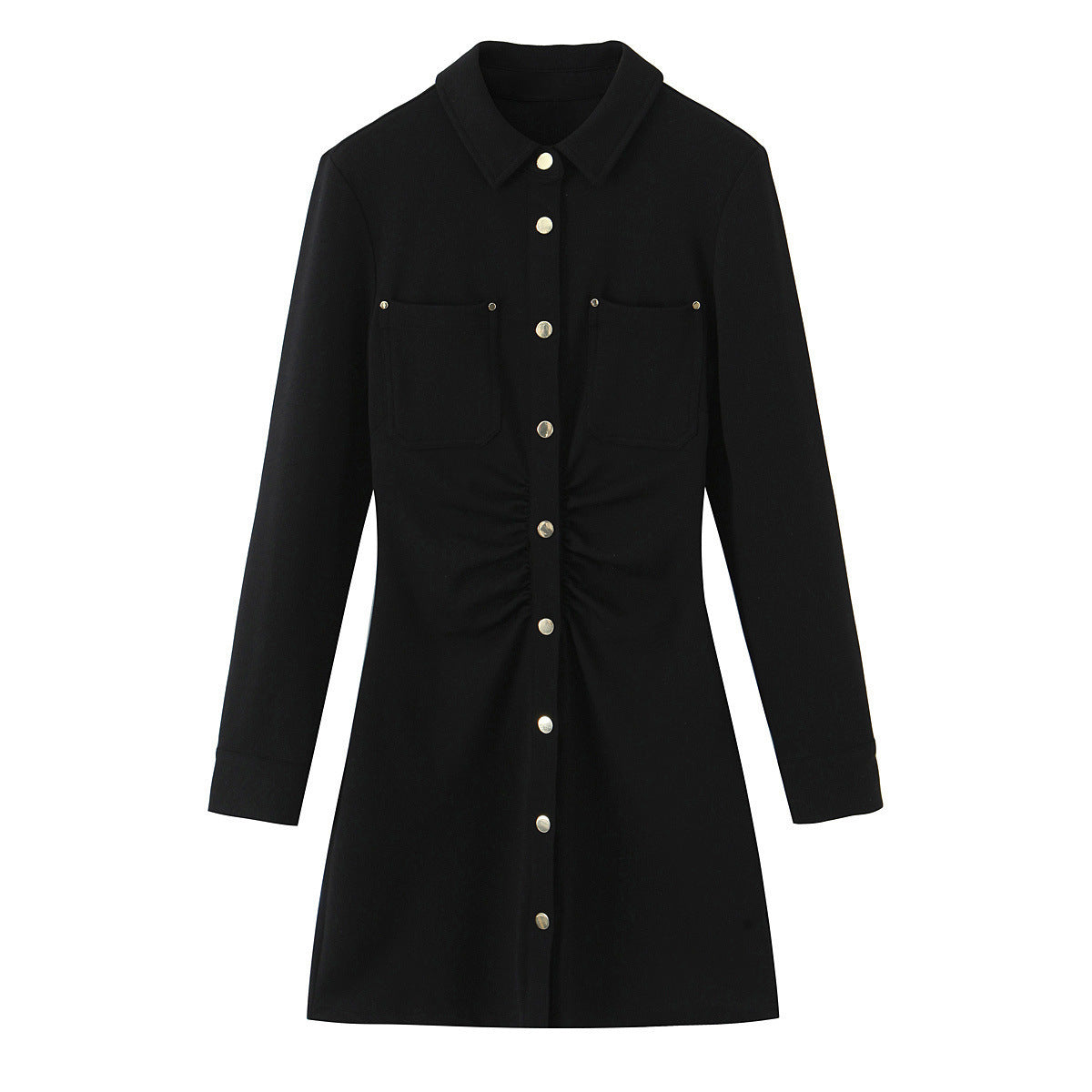 Ladies shirt dress with decorative button placket, breast pockets, and waist gathering Chichicherry