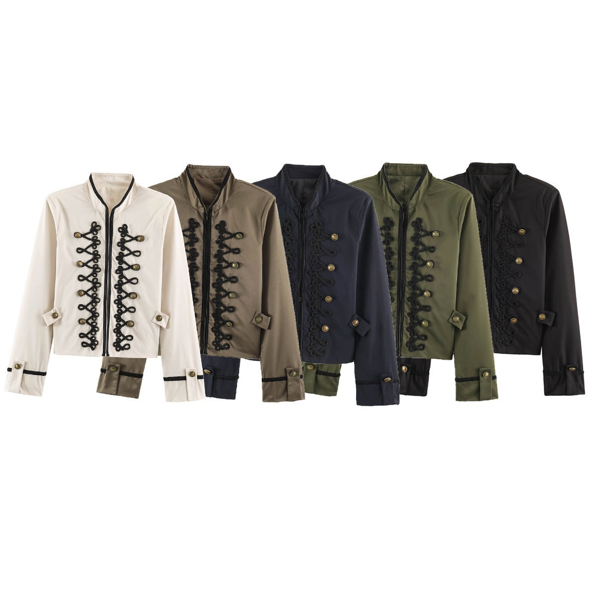 Women's Short Military Style Jacket with Ornamental Cord and Button Decoration Chichicherry