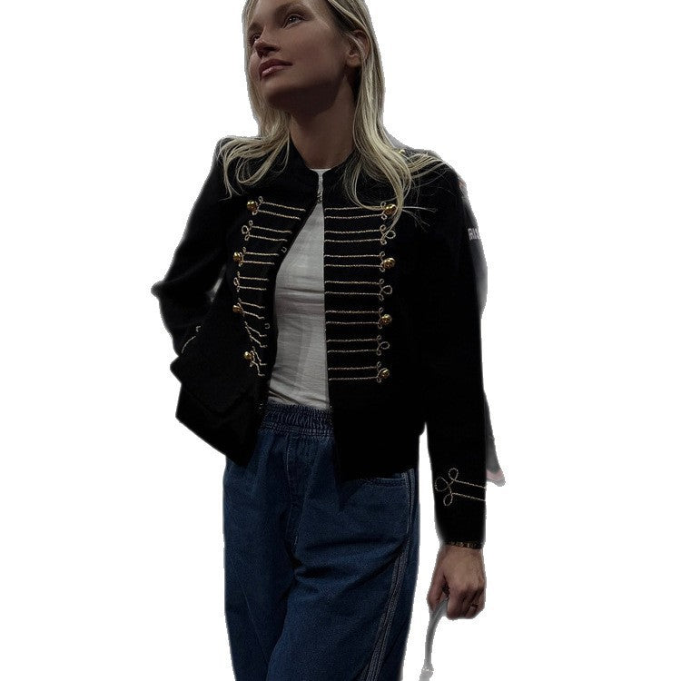 Women's short-cut military jacket with gold-embellished cords Chichicherry