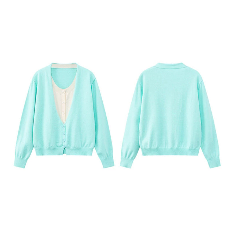 Women's Two-Layer V-Neck Cardigan with Integrated Henley Inner Layer Chichicherry