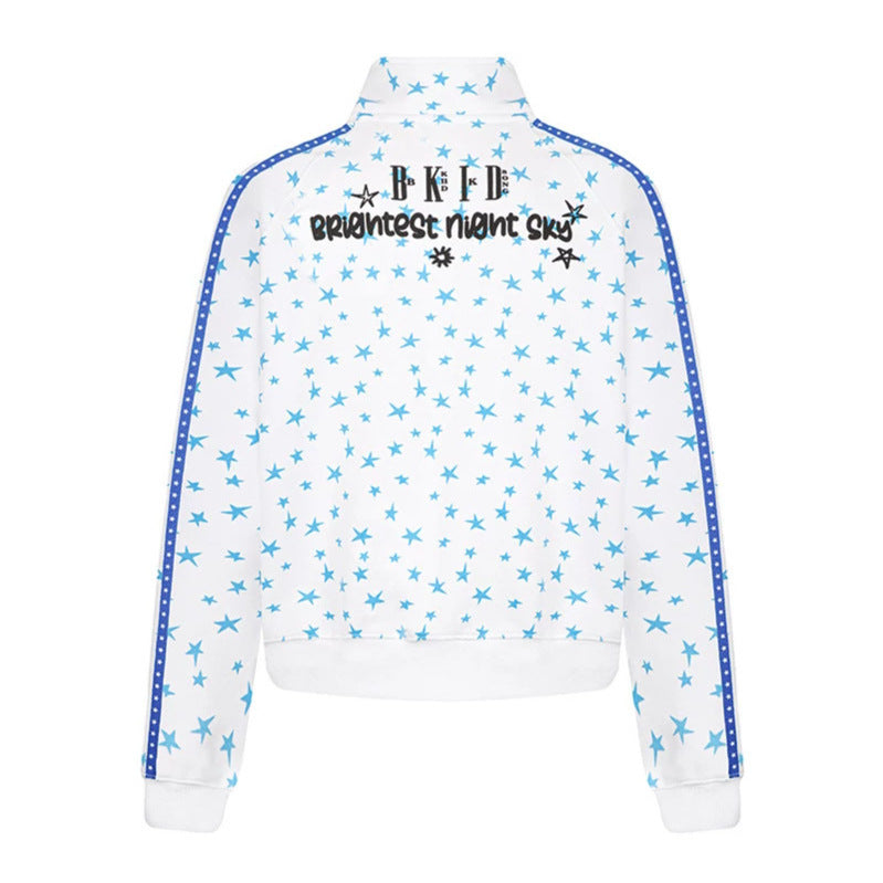 Women's sweat jacket in retro track style with stand-up collar, star print, and contrast stripes.
