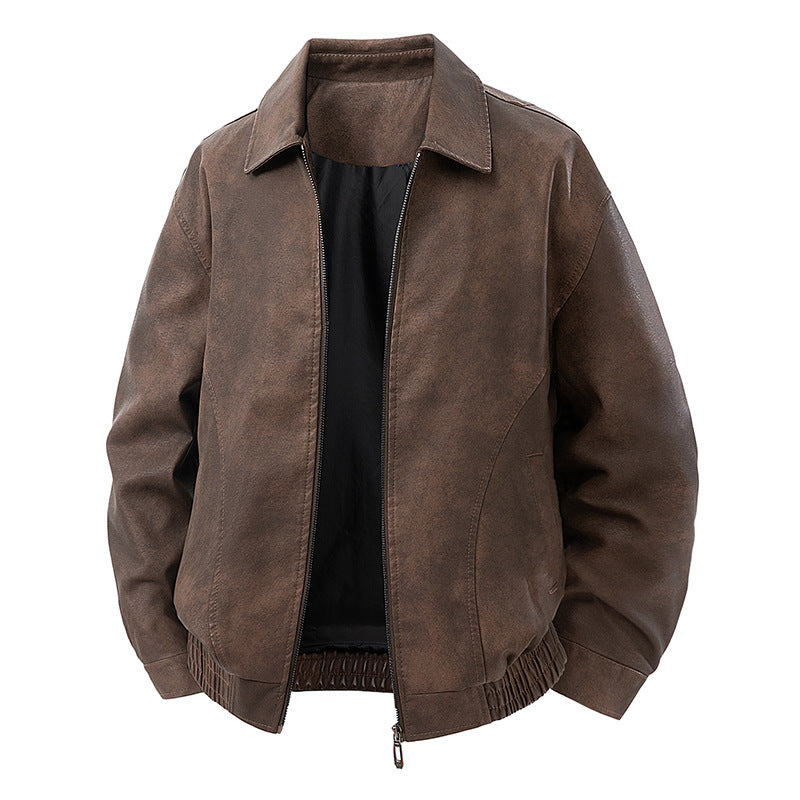Men's leather bomber jacket with zipper and elastic hem Chichicherry