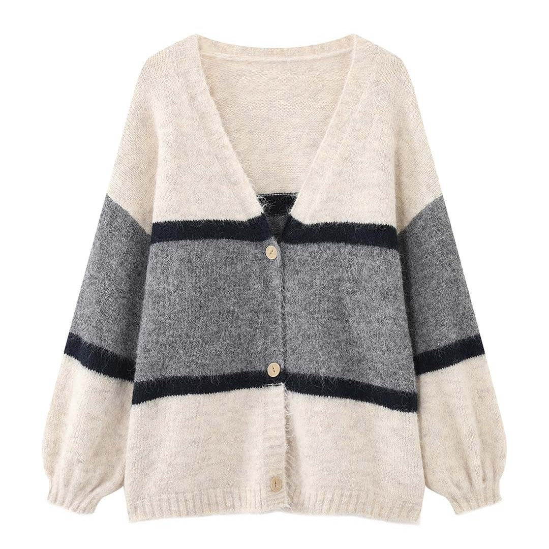 Women's Soft Oversized Knit Cardigan with V-Neck, Block Stripes and Button Placket Chichicherry