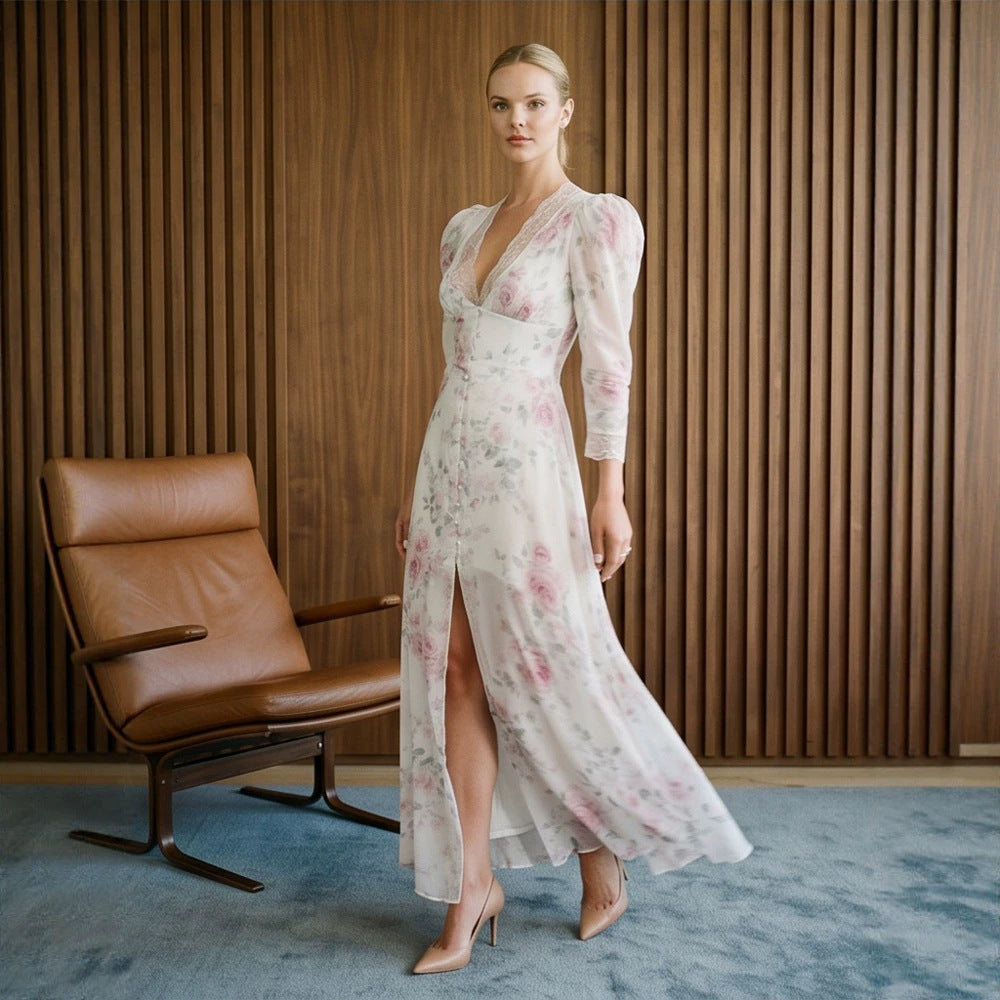 Women's Romantic Chiffon Maxi Dress with Lace V-Neck, Puff Sleeves and Front Slit Chichicherry