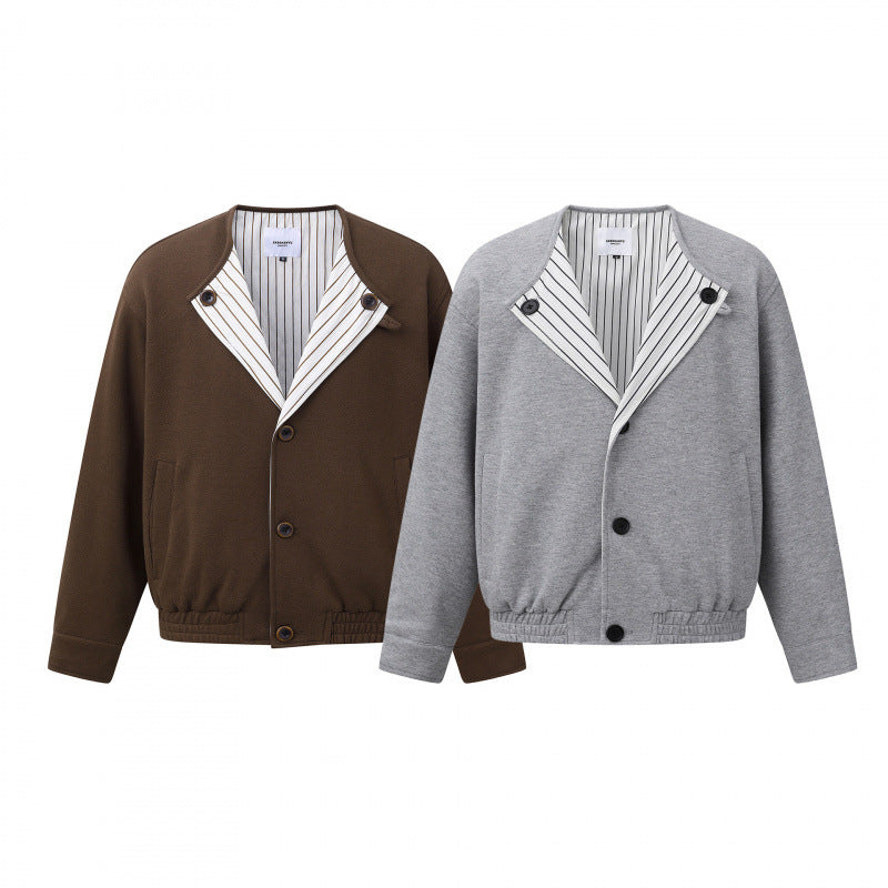 Men's short jacket without collar with striped inner lining and elastic hem Chichicherry
