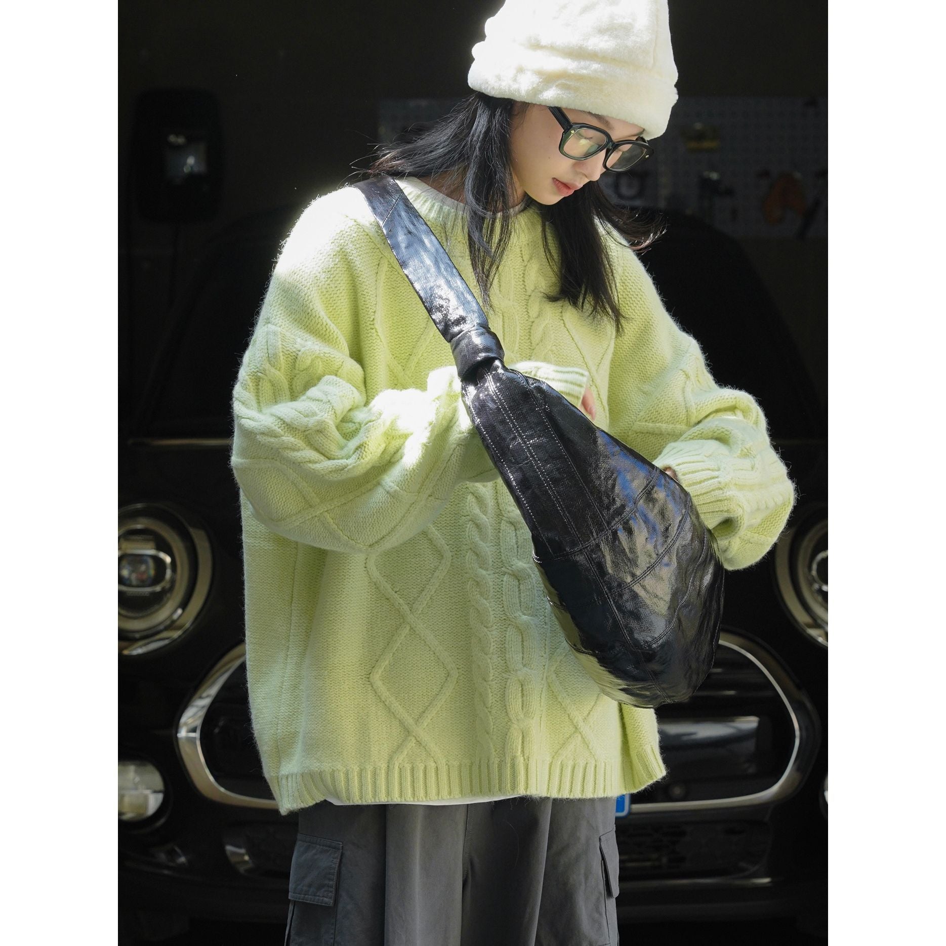 Women's Oversized Chunky Knit Sweater with Distinctive Cable Pattern and Ribbed Cuffs Chichicherry