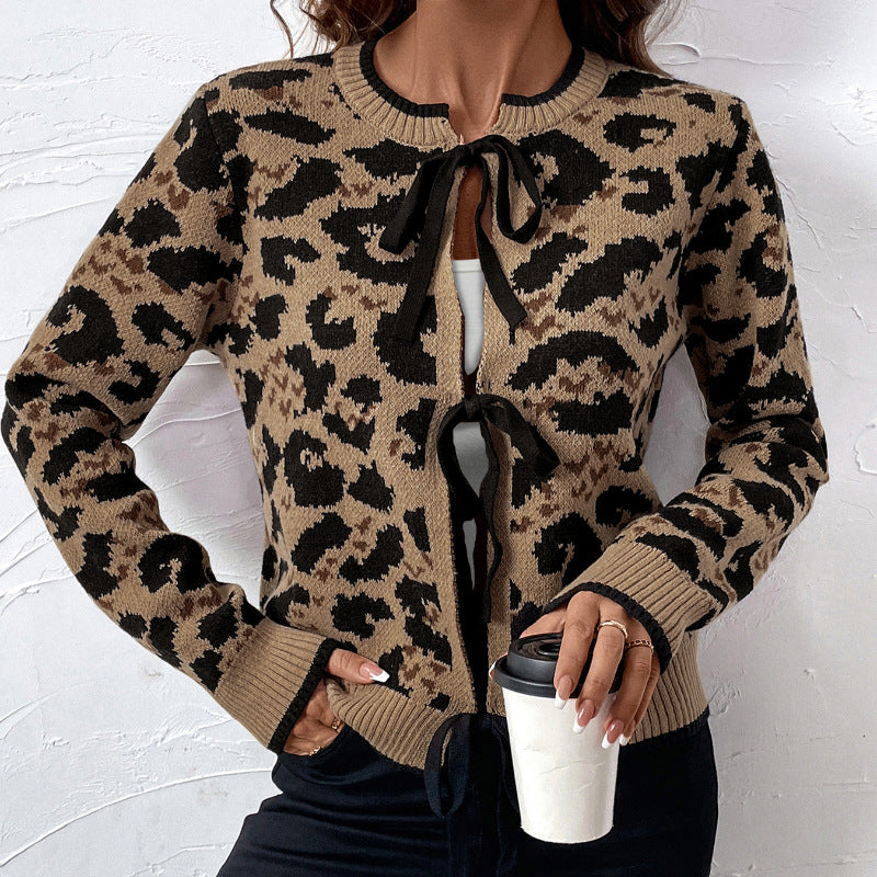 Women's leopard pattern knitted cardigan with tie bows and ribbed cuffs Chichicherry