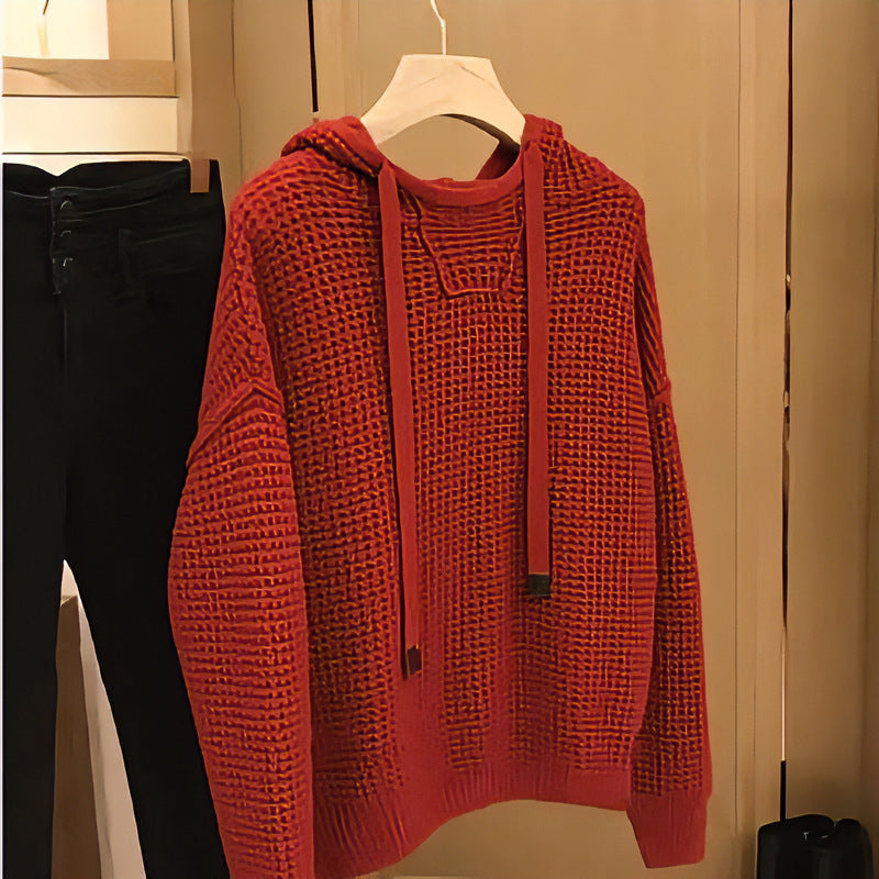 Damen Grob gestrickter Kapuzenpullover mit Waffelstruktur und Kordelzug Chichicherry