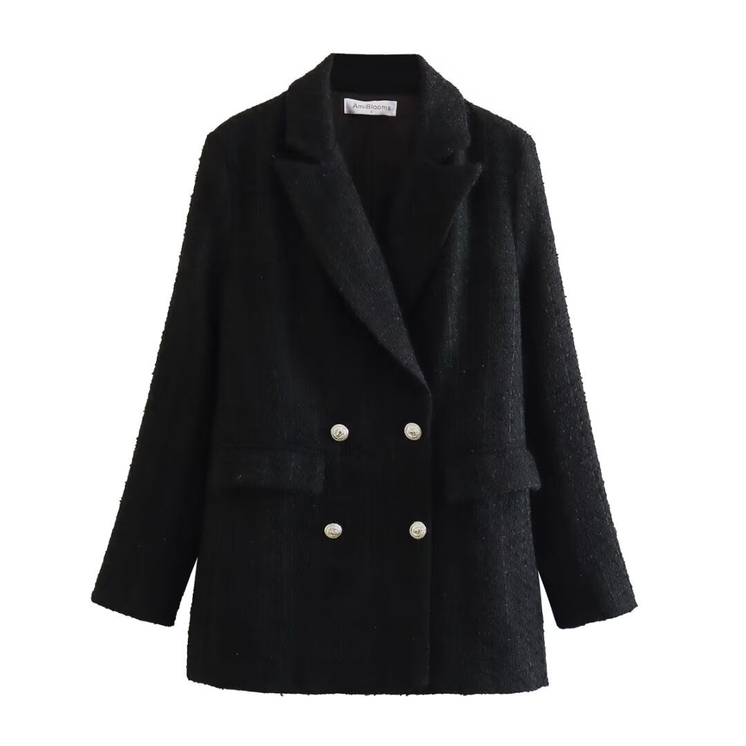 Women's Double-Breasted Boucle Tweed Blazer with Shawl Collar and Flap Pockets Chichicherry