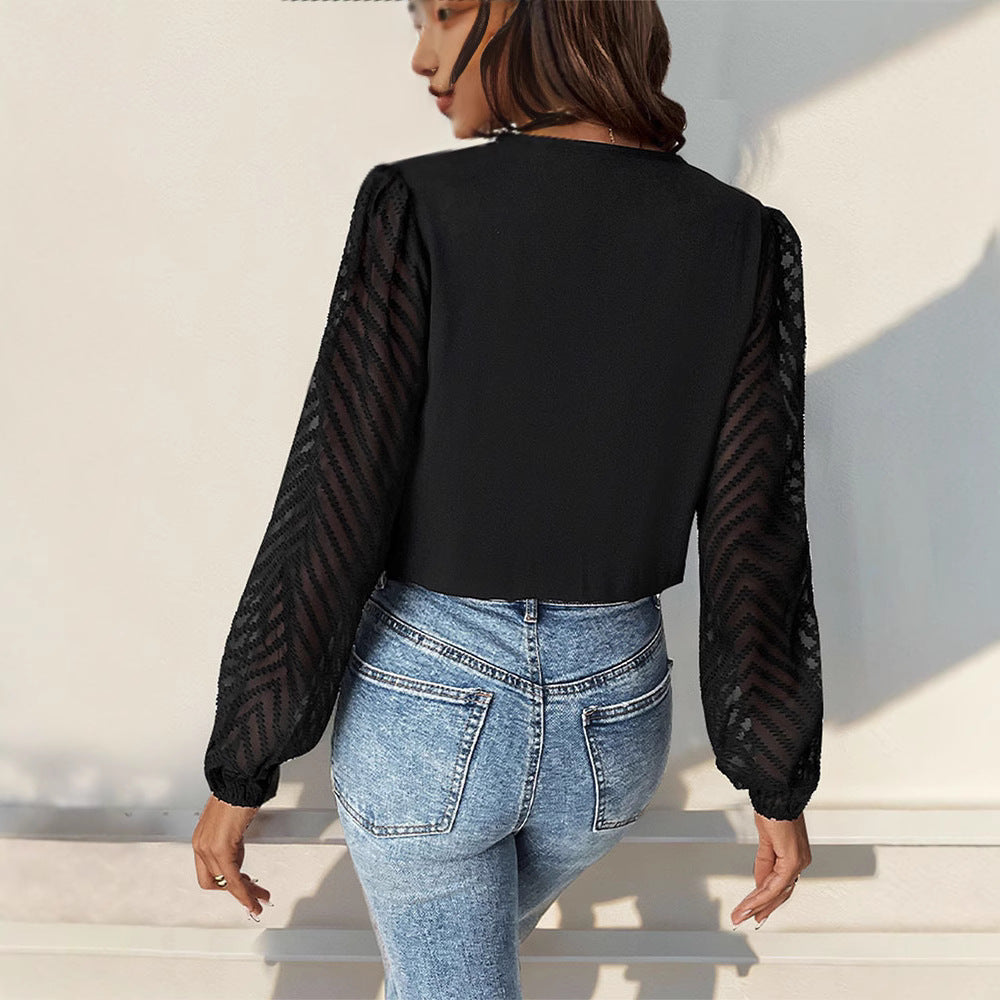 Women's Elegant Wrap Blouse with Pleated V-Neck and Transparent Chevron Sleeves Chichicherry