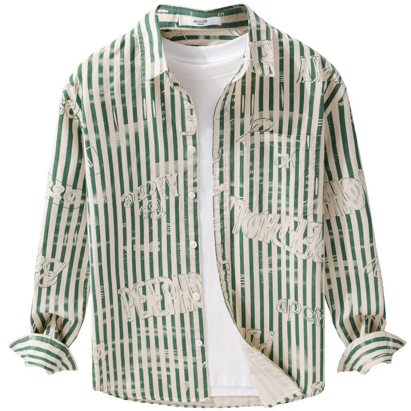 Men's Lightweight Shirt in Striped Lettering Mix with Chest Pocket and Loose Fit Chichicherry