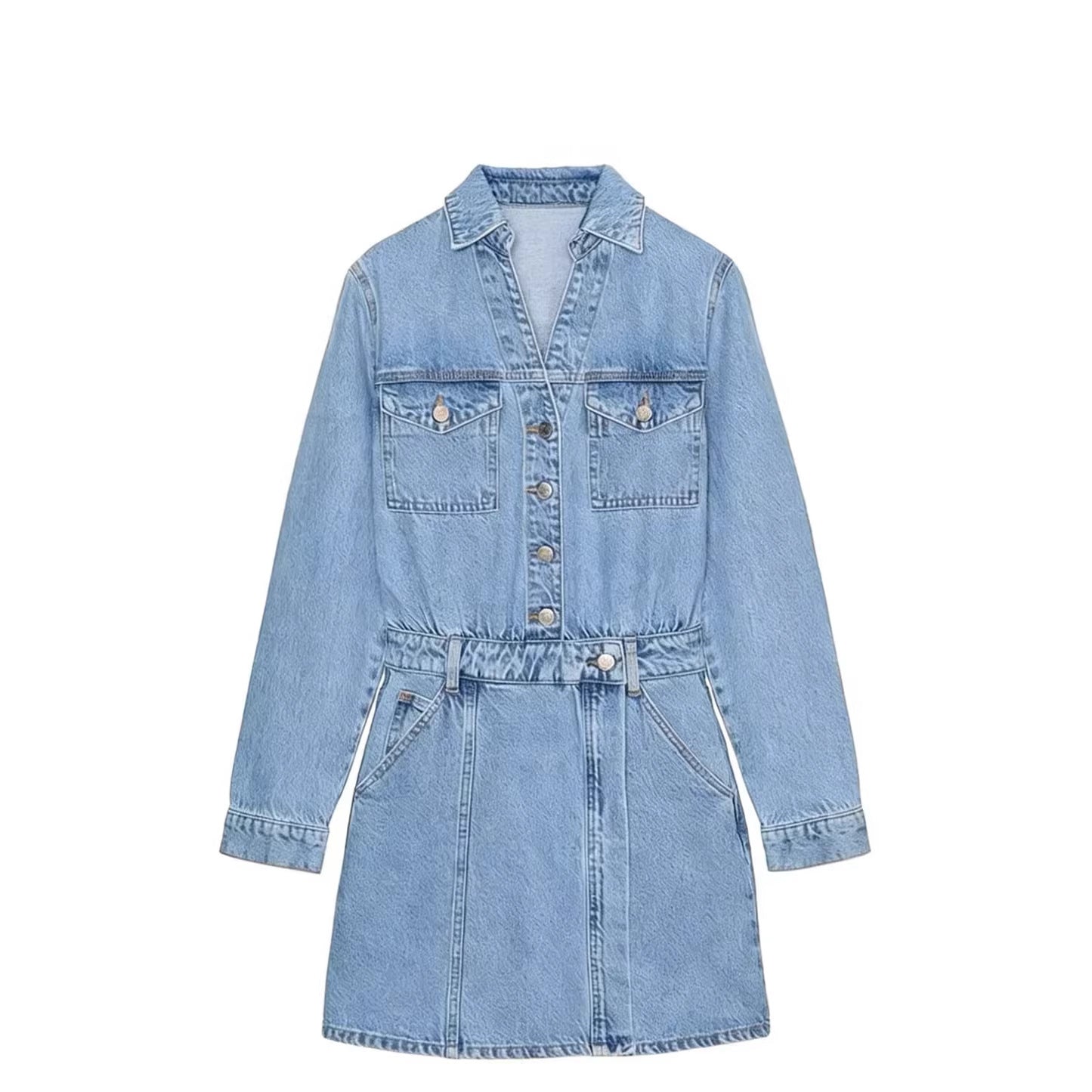 Women's Tailored Jeans Mini Dress with Shirt Collar, Patch Chest Pockets and Decorative Button Placket Chichicherry