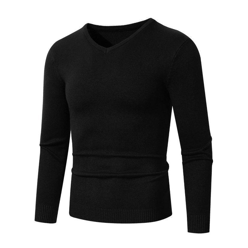 Men's Slim Fit Fine Knit V-Neck Sweater with Ribbed Cuff and Breathable Cotton Blend Chichicherry